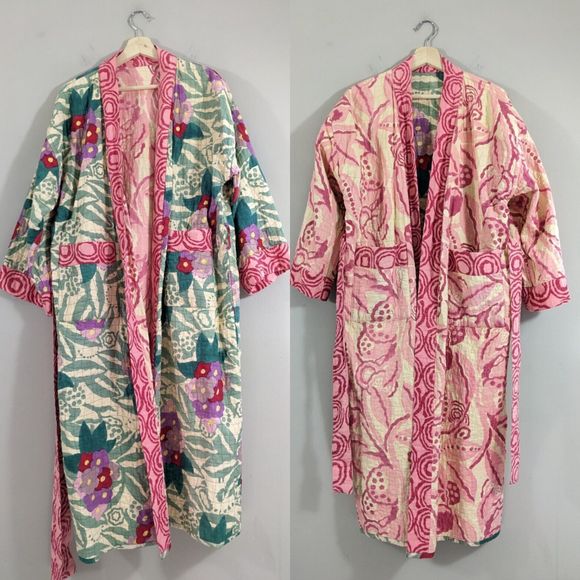 Pink Green Reversible Quilted Cotton Floral Robe Made In India Urban Outfitters